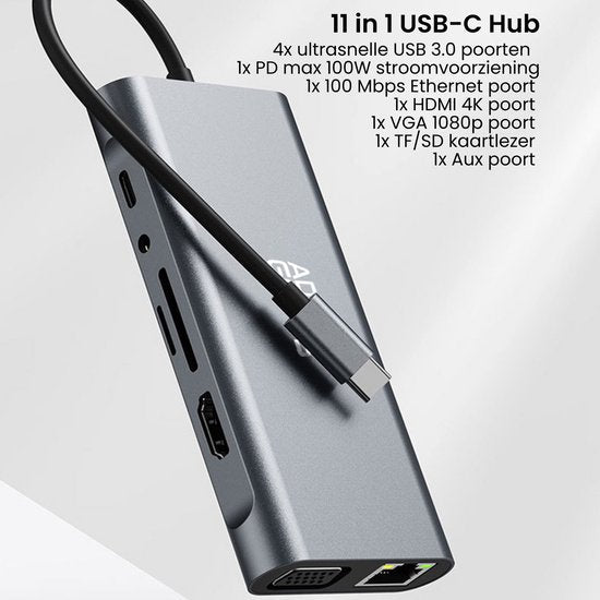 grijze 11-in-1 USB-C hub met diverse poorten zoals USB, HDMI, ethernet en kaartlezer