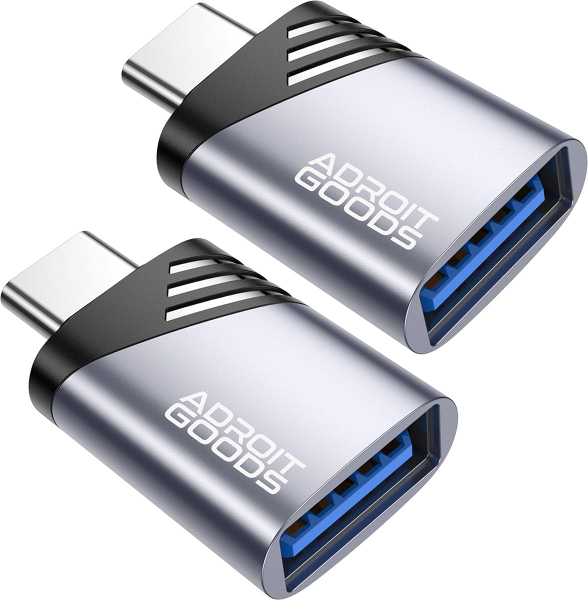 AdroitGoods USB-C naar USB-A adapter set met metalen behuizing en blauw contactpunt