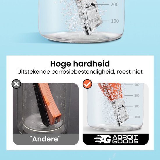 Twee vergelijkingen van roestvrij staal, één met roest en één zonder, benadrukt hoge hardheid en corrosiebestendigheid.