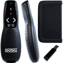 zwarte draadloze presentatieclicker met USB-ontvanger en beschermhoes van AdroitGoods