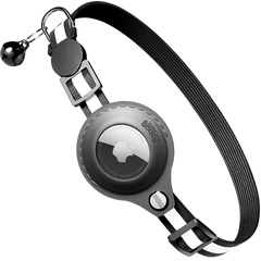 zwarte draagriem met wit-reflecterende strepen en houder voor een Apple AirTag