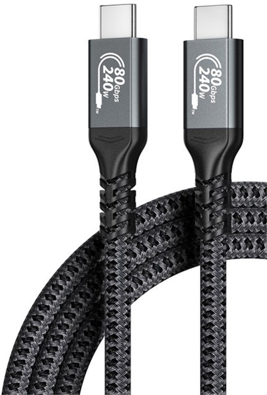 Zwart gevlochten USB-C kabel met 80Gbps datatransmissie en 240W vermogen markering