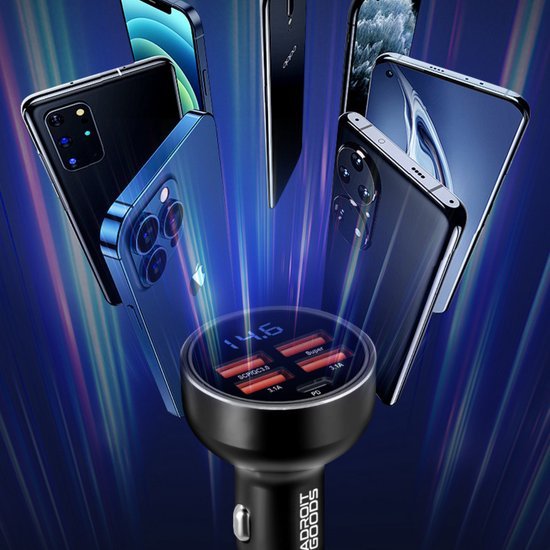 Zwarte autolader met vier USB-poorten en smartphones die draadloos opladen uitstralen