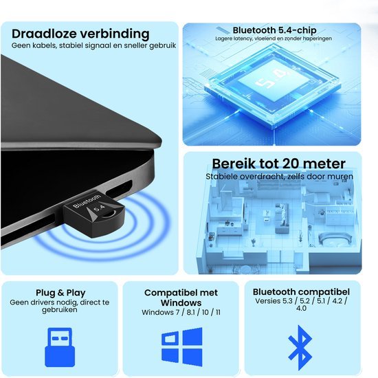 USB Bluetooth adapter aangesloten op laptop met draadloze verbinding en bereik tot 20 meter