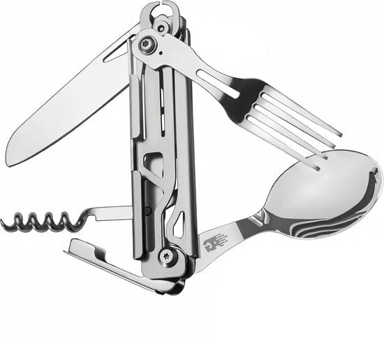 multifunctioneel bestek met mes, vork, lepel en kurkentrekker van roestvrij staal