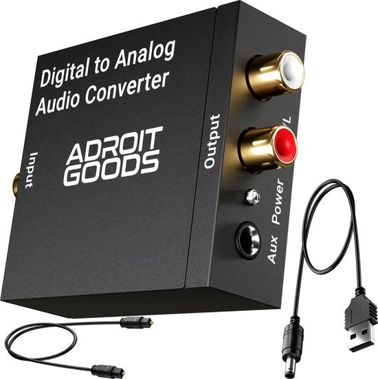 zwarte digitale naar analoge audioomzetter met rode en witte RCA-uitgangen en USB-kabel