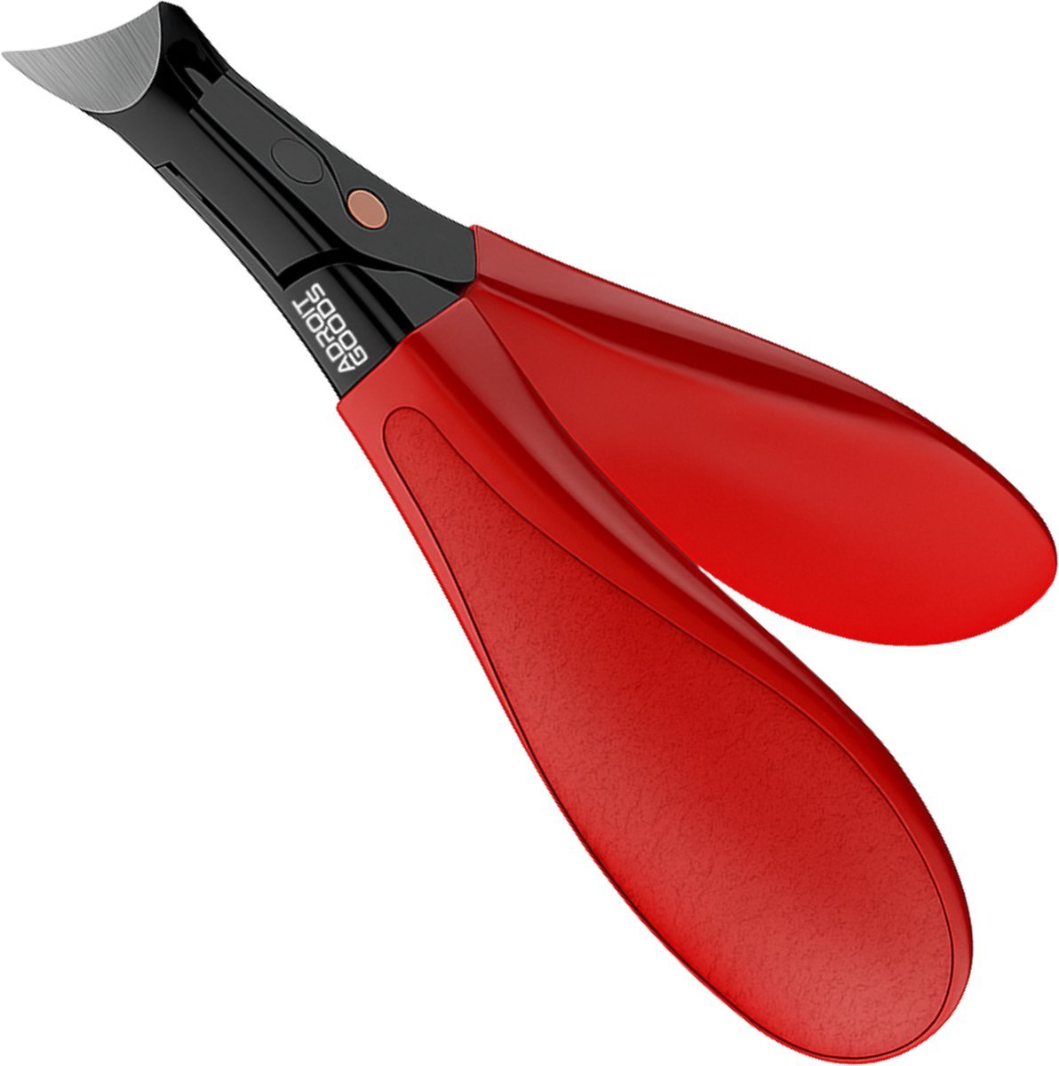 rood-zwart manicure knipgereedschap met gebogen lemmet en ergonomisch handvat