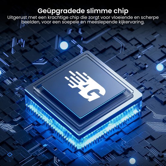 Close-up van een geüpgradede slimme chip met gloeiend blauw licht op een circuitbord