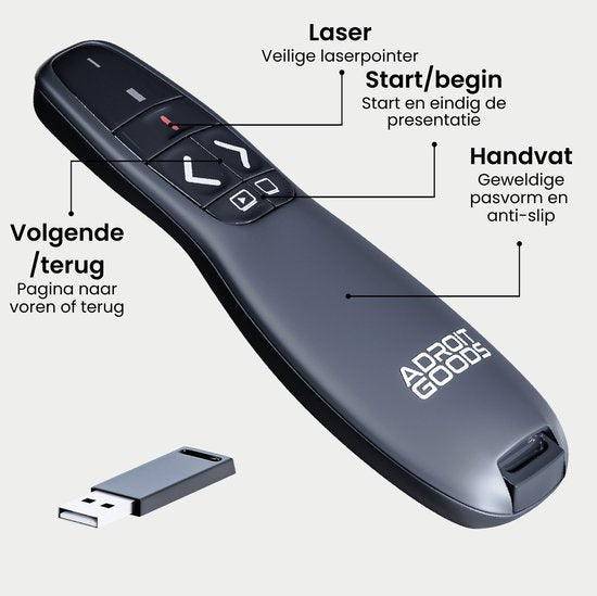 Zwarte presentatie afstandsbediening met laserpunt, navigatieknoppen en USB-ontvanger