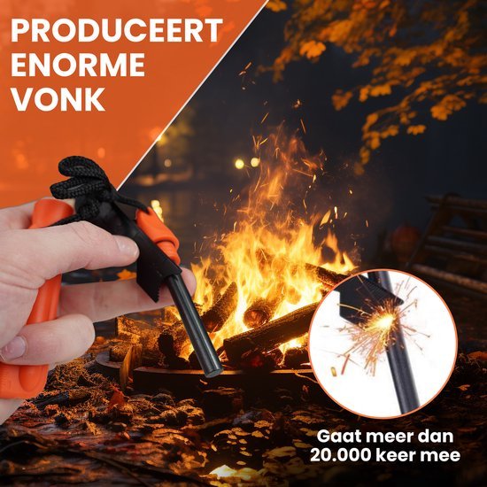 Hand gebruikt vuurstaal aan kampvuur met vonk en tekst over langdurig gebruik.
