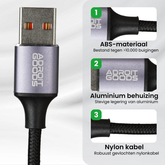 USB-kabel met aluminium behuizing, ABS-materiaal en robuuste gevlochten nylon kabel