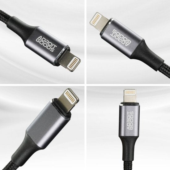 vier close-up beelden van een duurzaam oplaadkabelconnector met geweven omhulsel en AdroitGoods merknaam