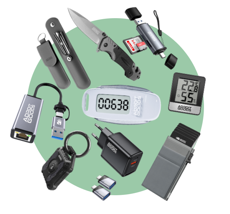 verschillende elektronische accessoires en gereedschappen verdeeld rond een groene cirkel op zwarte achtergrond