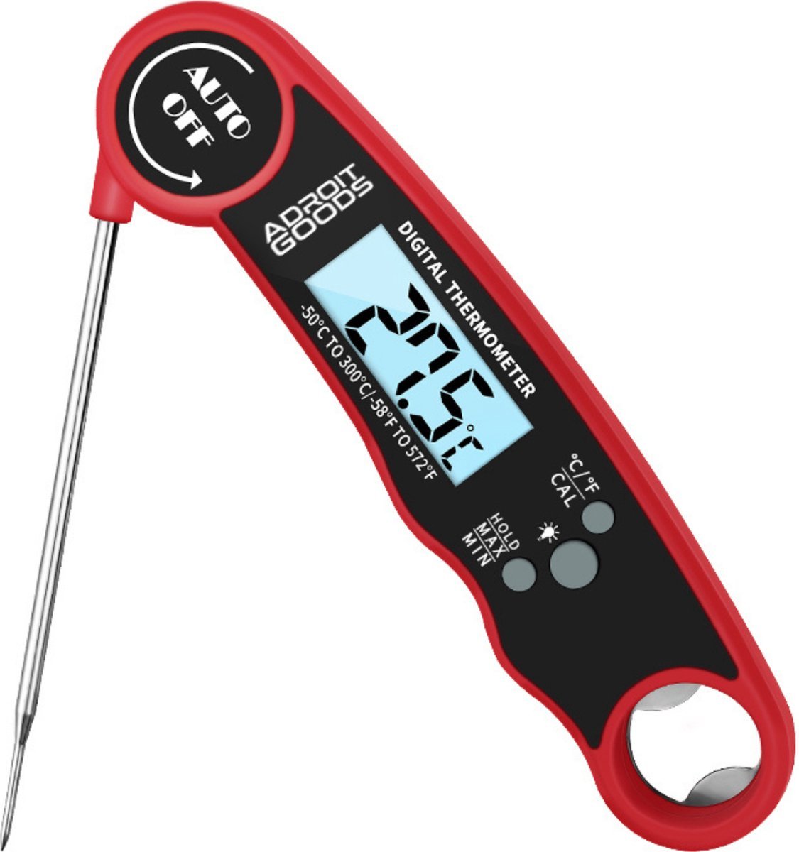 digitale rode en zwarte thermometer met metalen sensorpunt en temperatuurweergave van 27,5 graden