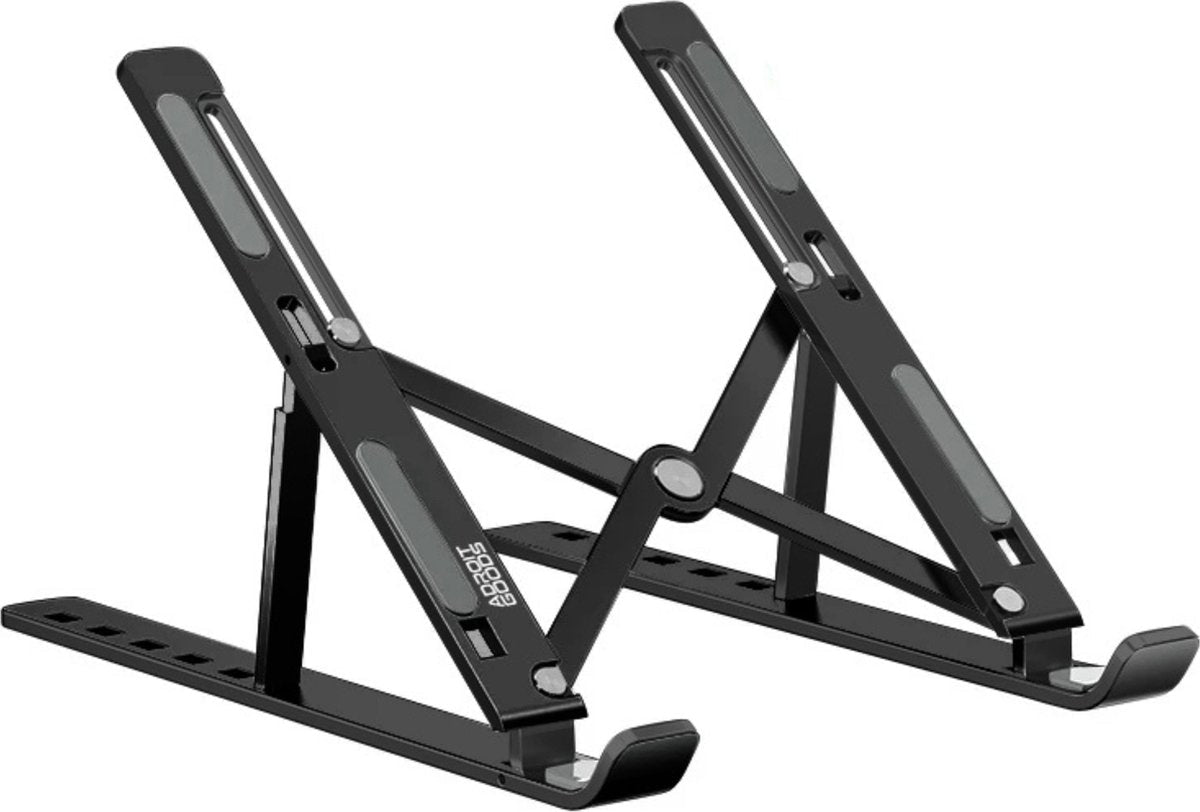 Zwart verstelbaar laptopstandaard van metaal met antisliprubber voor betere ondersteuning.