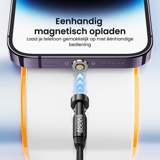 Een magnetische oplaadkabel die eenvoudig éénhandig op een telefoon wordt aangesloten.