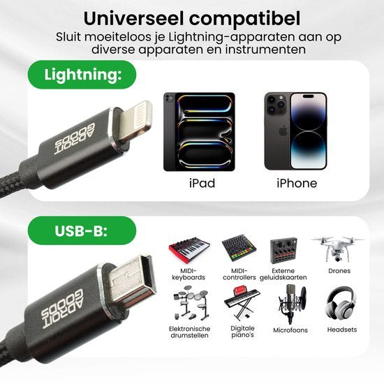 Universele compatibele kabel met Lightning en USB-B aansluitingen voor diverse apparaten zoals iPad, iPhone en muziekinstrumenten.