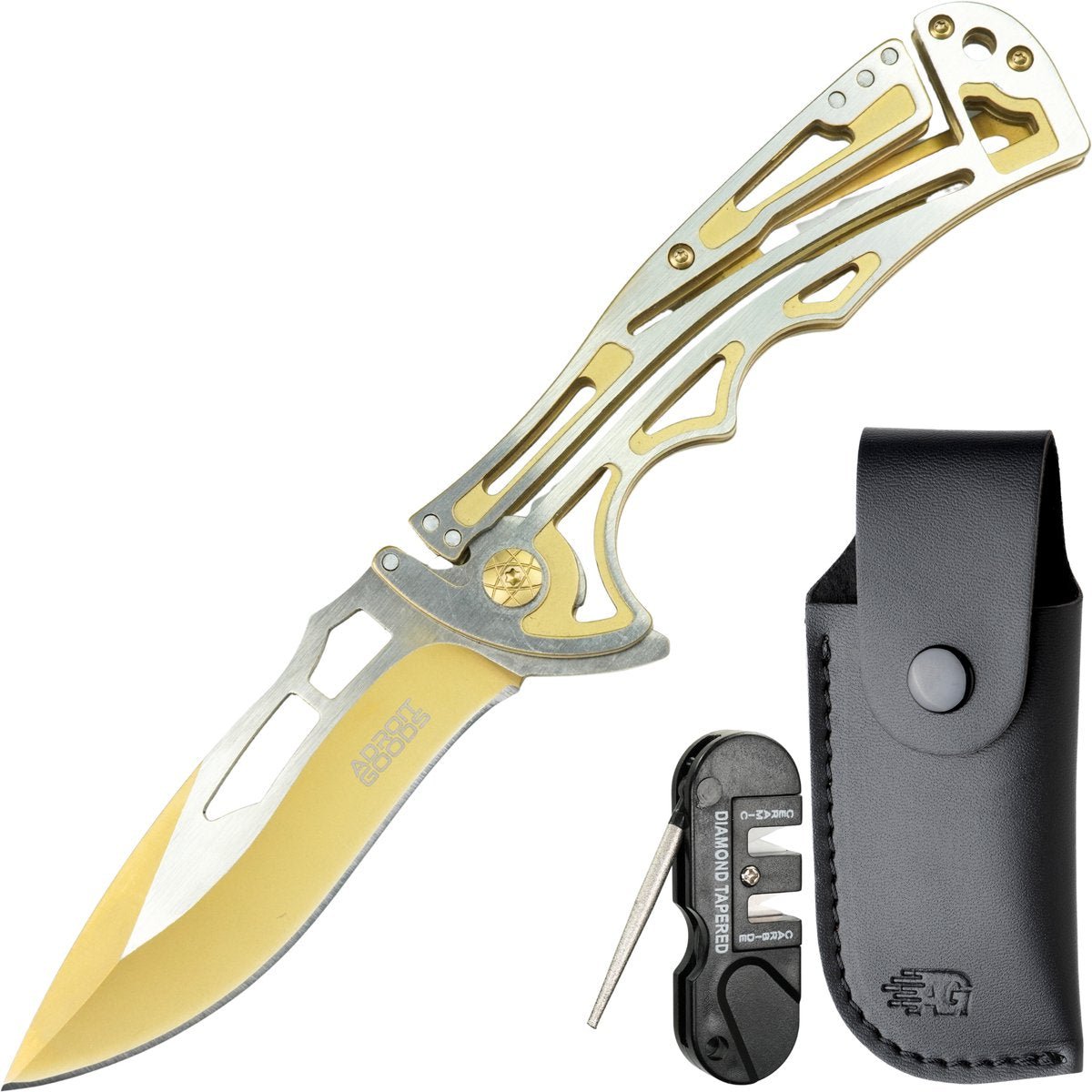 vouwbaar mes met zilver en goudkleurig handvat, zwart leren schede en multitool erbij