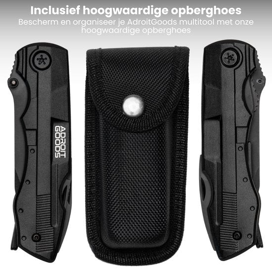 Zwarte compacte multitool met twee zijden en een stevige zwarte opberghoes van textiel