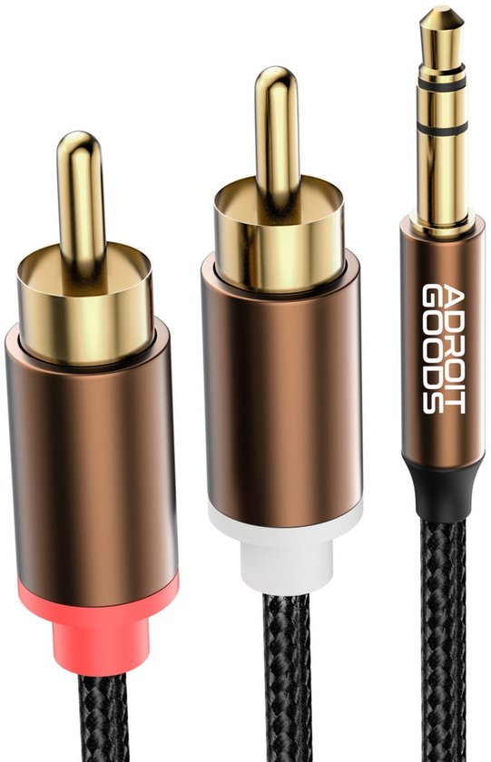 close-up van goudkleurige audiokabel met rode en witte connectoren en naam Adroit Goods