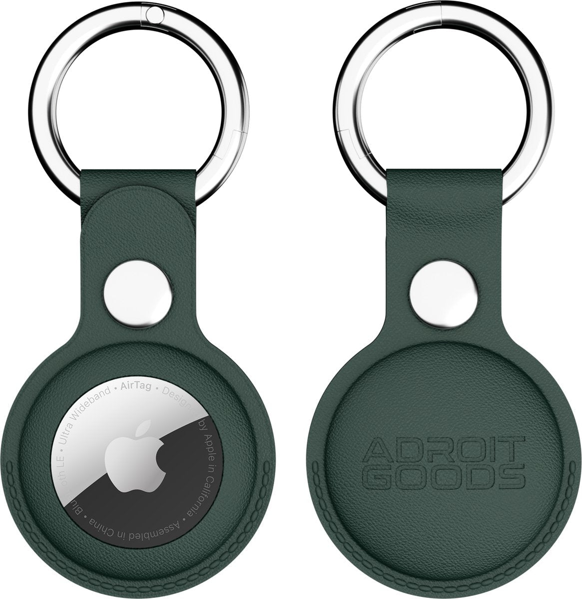 donkergroene leren sleutelhanger met metalen ring en ingebouwde houder voor tracker