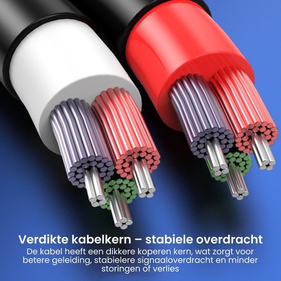 dichtbij beeld van twee dikke kabels met meerdere koperen draden en kleurige isolatiehuls