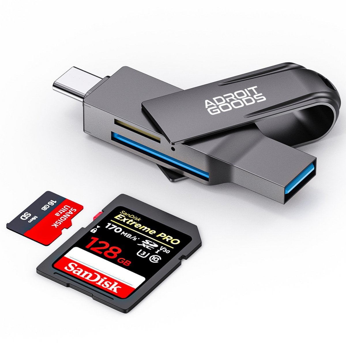 grijze kaartlezer met USB en type-C poorten en SanDisk geheugenkaarten naast elkaar