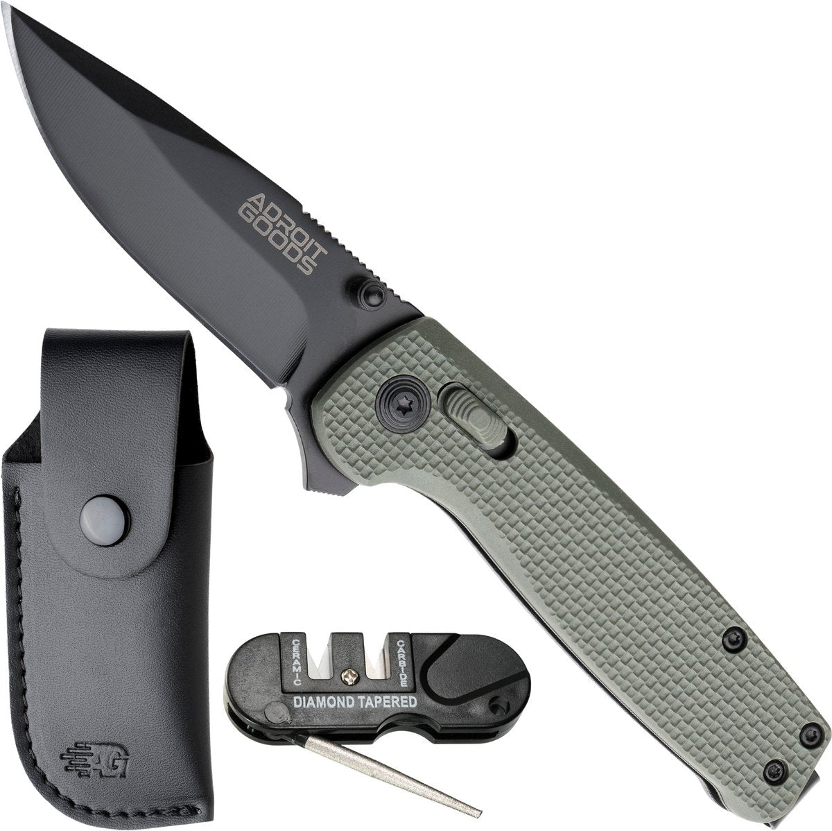 Vouwmes met zwart lemmet en groen handvat, inclusief leren schede en slijpset in zwart en grijs