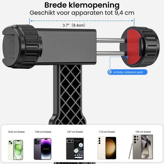 Zwart universeel apparaatklem met antisliprubberen pad geschikt voor grote apparaten.