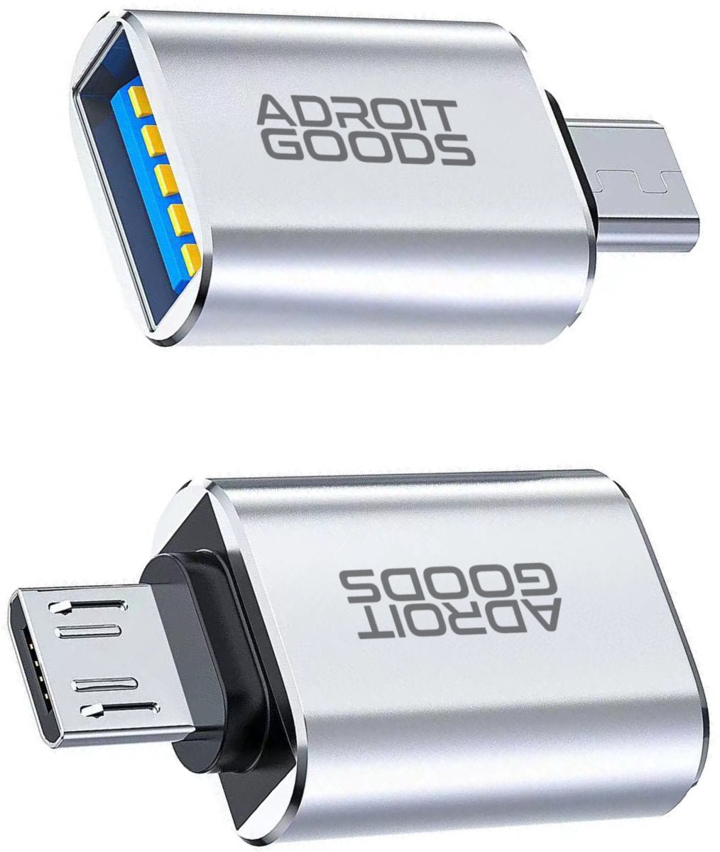 zilverkleurige USB-adapter met micro-USB aansluiting en blauwe binnenkant duidelijk zichtbaar