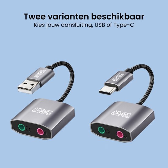 Twee AdroitGoods audio-adapters met USB en Type-C aansluiting voor microfoon en koptelefoon.