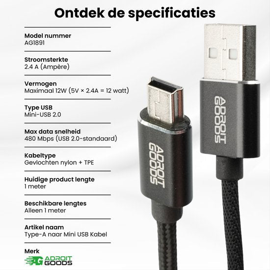 tweede USB-kabel met nylon bekleed, type A naar mini USB, 1 meter lang, zwart