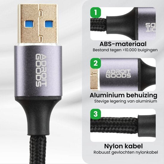 USB-kabel met aluminium behuizing en robuuste gevlochten nylonkabel van AdroitGoods