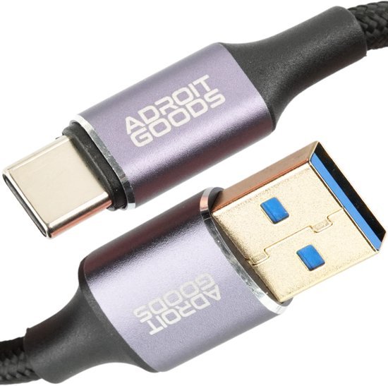 paars metalen usb type-c naar usb a kabel met gevlochten buitenlaag en blauwe accenten