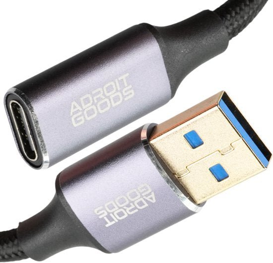 USB-C naar USB-A kabel met metalen behuizing en gevlochten buitenkant van AdroitGoods