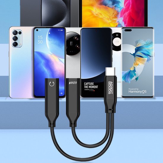 Zwarte USB-C-splitter met twee uitgangen en drie smartphones op achtergrond in blauw-grijze tinten