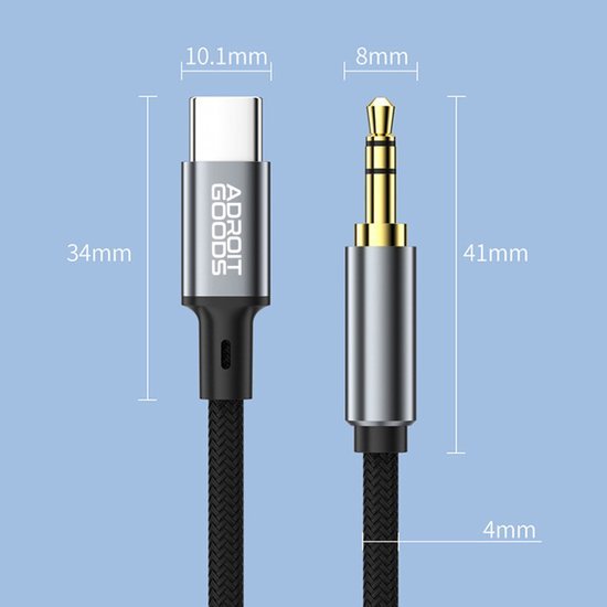 Close-up van een USB-C naar 3,5 mm audiokabel met afmetingen en zwarte gevlochten bekleding