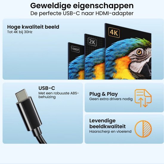 USB-C naar HDMI adapter met hoge beeldkwaliteit tot 4K, robuuste behuizing en plug & play functies