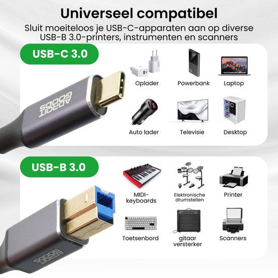 USB-C 3.0 en USB-B 3.0 kabel met apparaten zoals oplader, laptop en printer erop afgebeeld