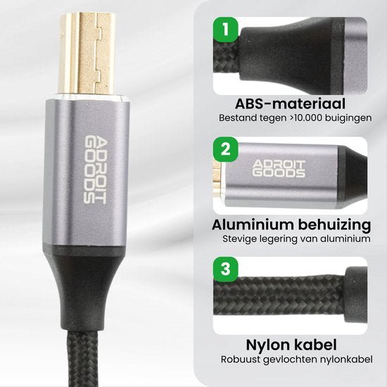 Zwarte nylon kabel met aluminium behuizing en ABS-materiaal voor extra duurzaamheid en stevigheid.