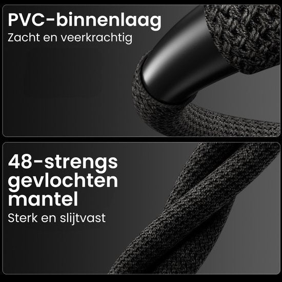 Close-up van een sterke zwarte gevlochten mantel met een zachte en veerkrachtige PVC-binnenlaag