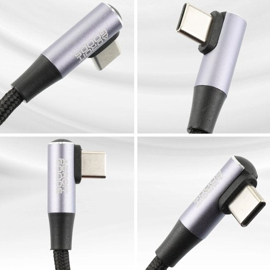 Vier close-up beelden van een usb-c-kabel met een hoekige connector en metalen behuizing
