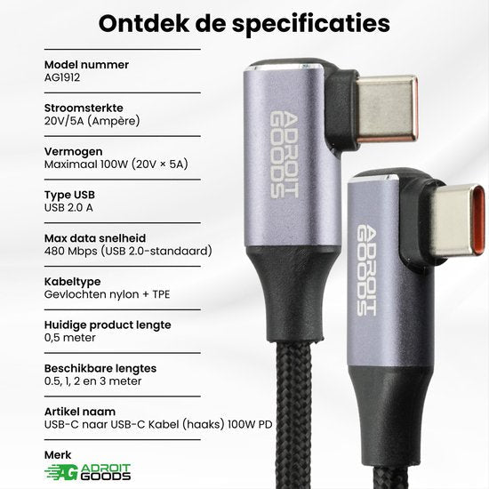 USB-C kabel met gevlochten nylon en hoekige connectoren van AdroitGoods in grijs zwart