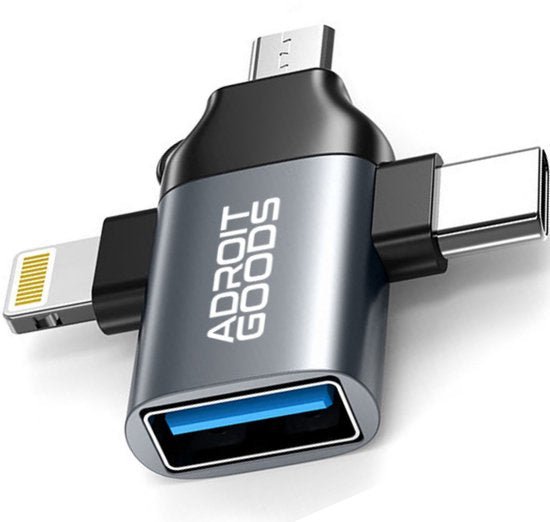 adapter met meerdere aansluitingen usb type-c, micro usb en lightning in zwart en grijs