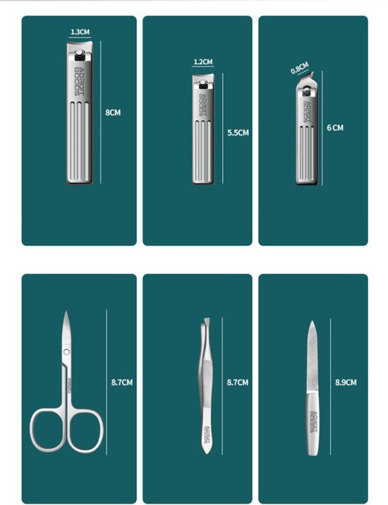 Vijf verschillende nagelverzorgingsgereedschappen met maten op een groene achtergrond.