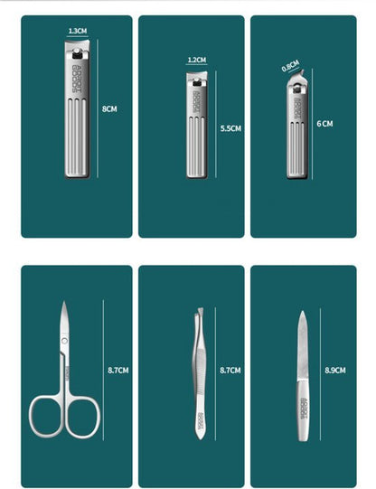 Vijf verschillende nagelverzorgingsgereedschappen met maten op een groene achtergrond.
