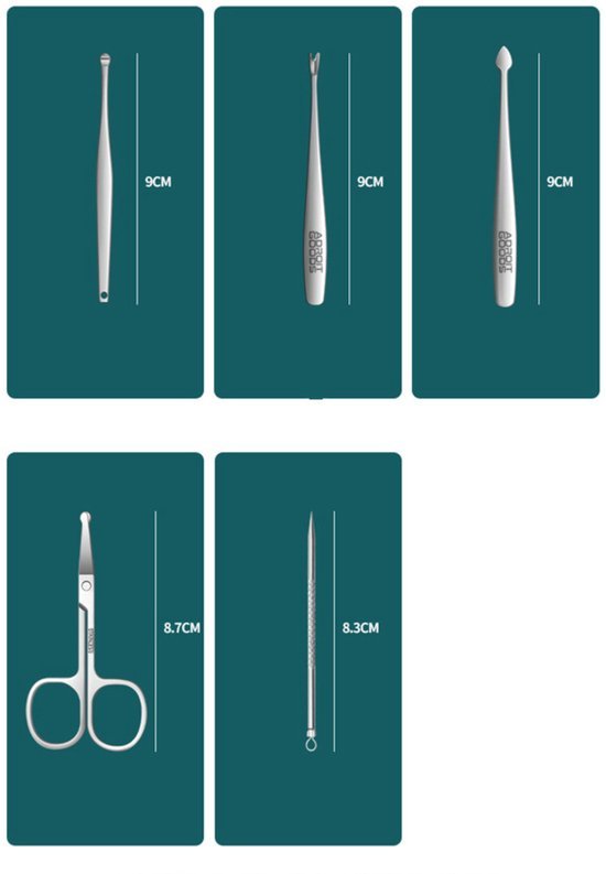 Zilverkleurige reinigings- en verzorgingsinstrumenten voor persoonlijke hygiëne in verschillende vormen.