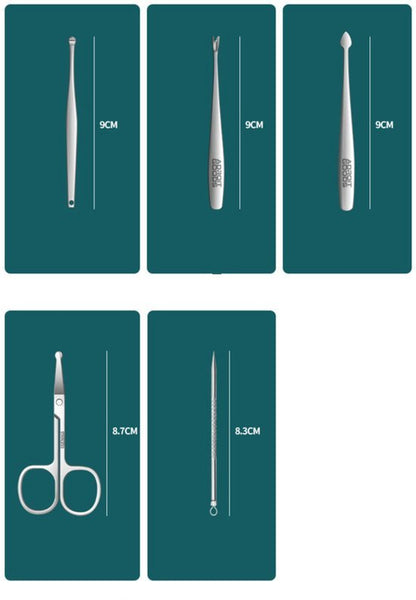 Zilverkleurige reinigings- en verzorgingsinstrumenten voor persoonlijke hygiëne in verschillende vormen.