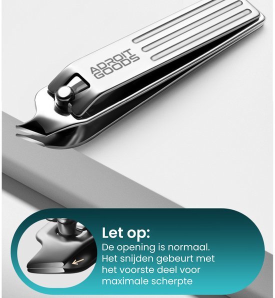 Close-up van een roestvrijstalen nagelknipper met strak en modern ontwerp naast uitlegvenster.