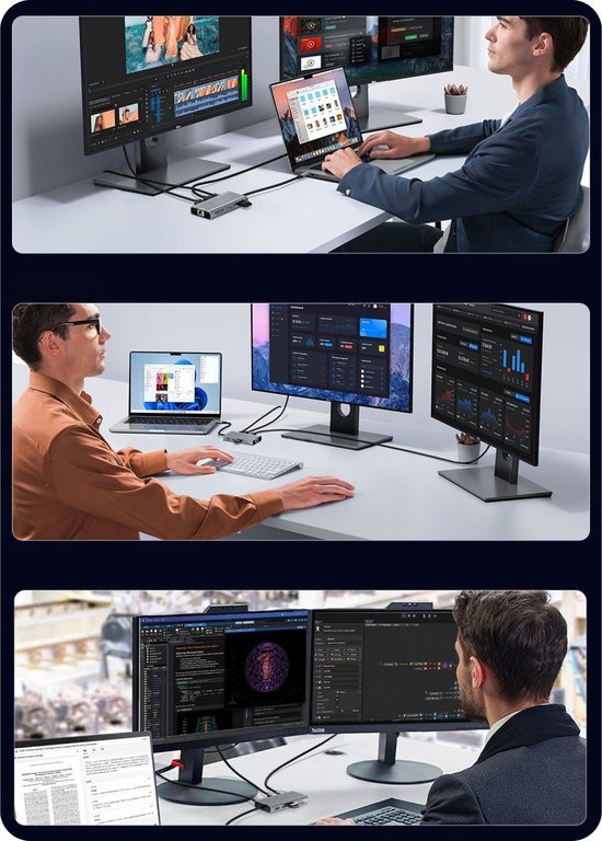 Drie mannen werken met laptop en meerdere monitoren aan een gestileerd wit bureau in kantooromgeving.